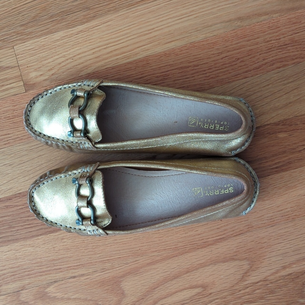 Sperry Gold Leather Moccasin Flats with hardware
